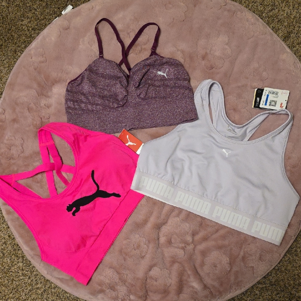PUMA Women's Sports Bra Trio - Pink, Purple, Gray. 2 New & 1 Preloved.